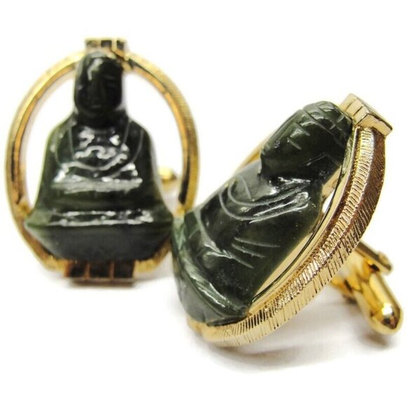 Swank Carved Buddha Green Jade Gold Tone Cufflinks Tux Suit Vintage - Picture 3 of 8